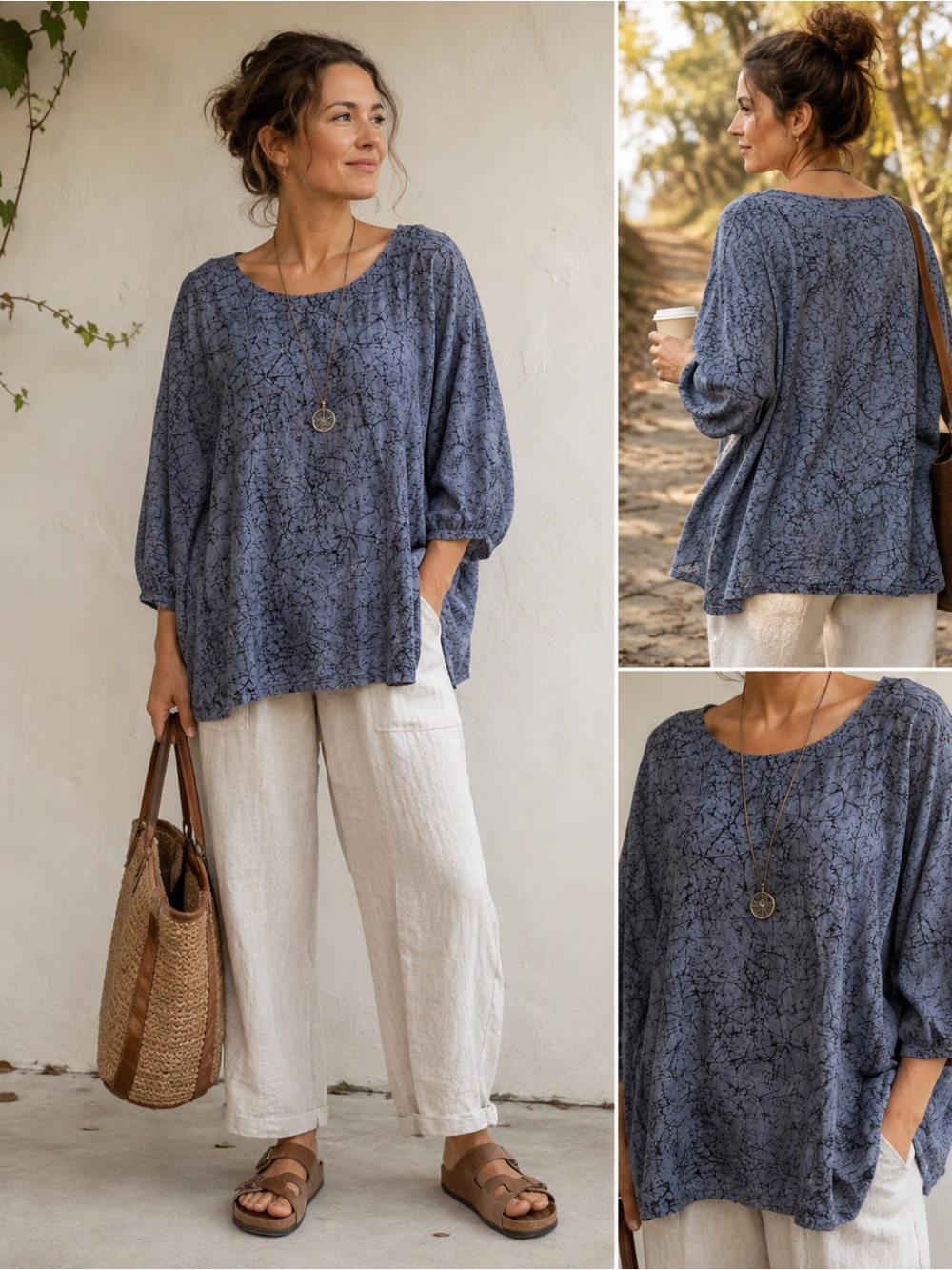 Bryn Walker Blue Marbled Oversized Relaxed Boho Tunic Top Minimalist Organic